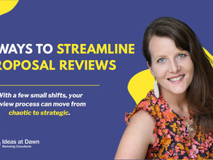 Angie Wolfe is smiling in floral top on yellow and purple background. Text: "5 Ways to Streamline Proposal Reviews." Logo: "Ideas at Dawn."