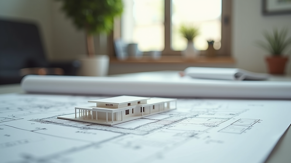 Close-up view of architectural plans and a scale model on a drafting table