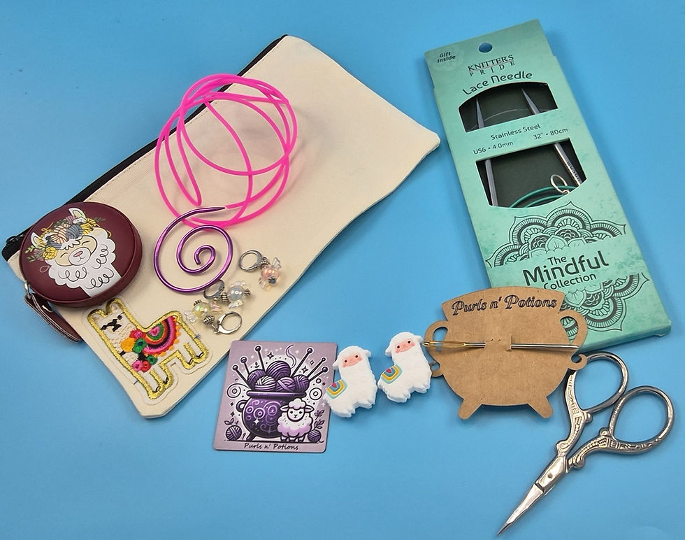 Miniatura: Scissors, Darning Needle, Circular Knitting Needles, Llama Silicone Point Protectors, Zipper Pouch, Lifeline, Spiral Cable