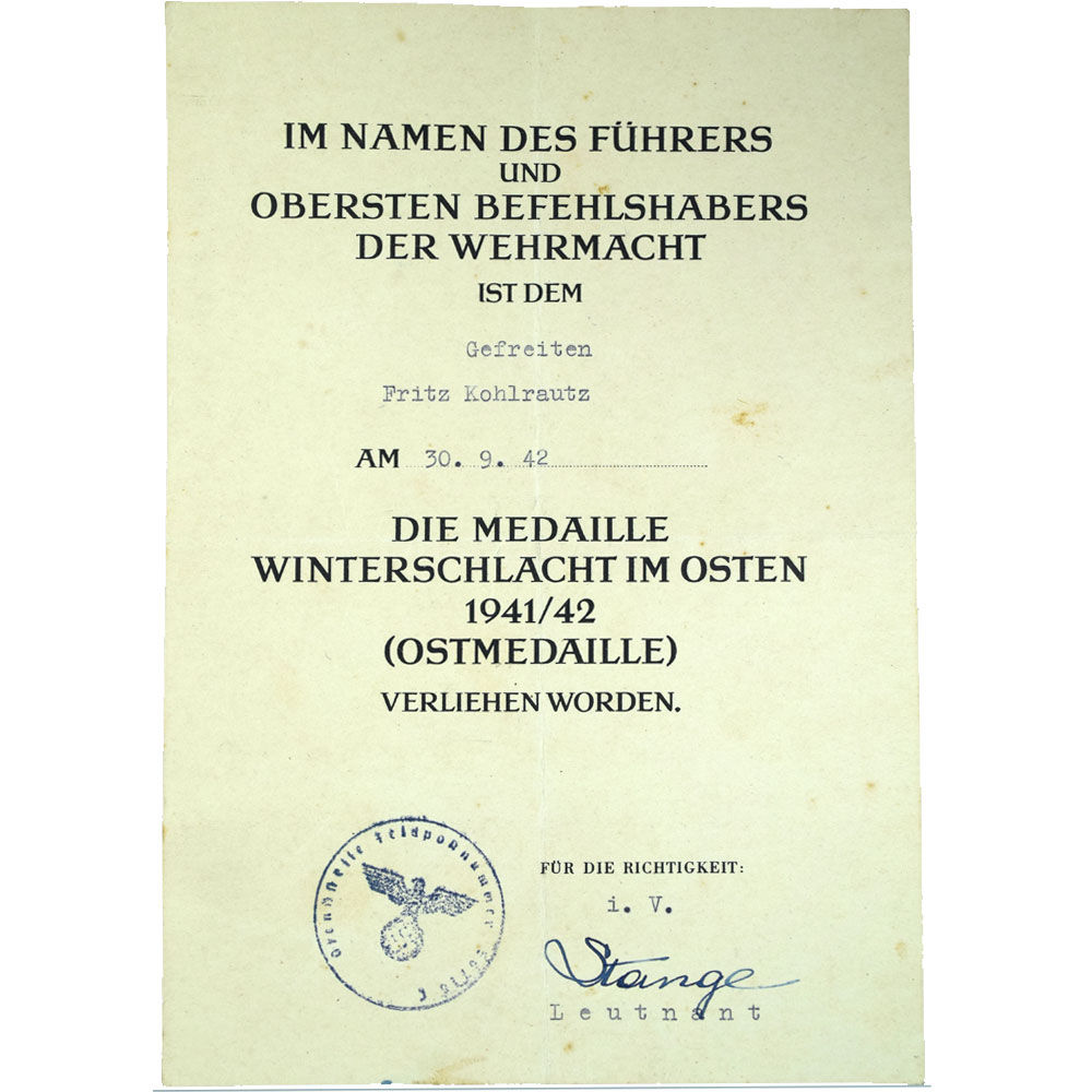 A WW2 German Citation of the Russian Front Medal