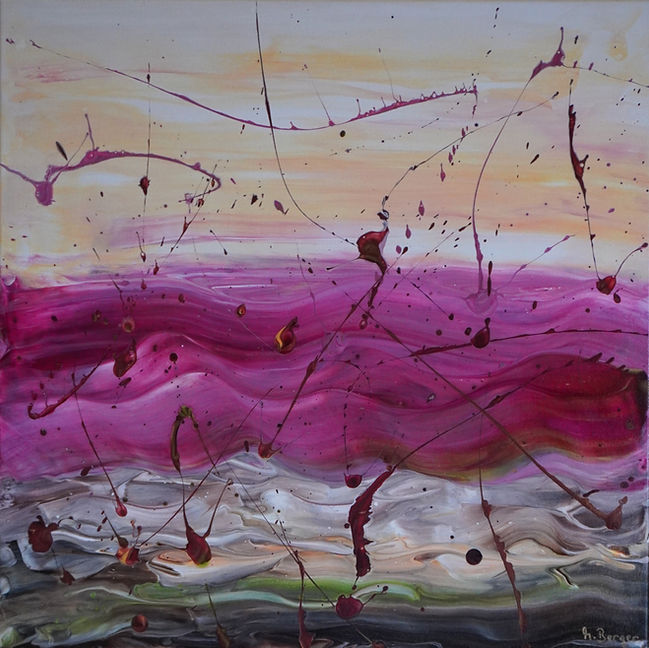Das von Michaela Berger gegossene Gemälde trägt den Namen "Dem Himmel so nah" und enthält die Farben Rosa, Magenta, Neapelgelb, Braun und Weiß.