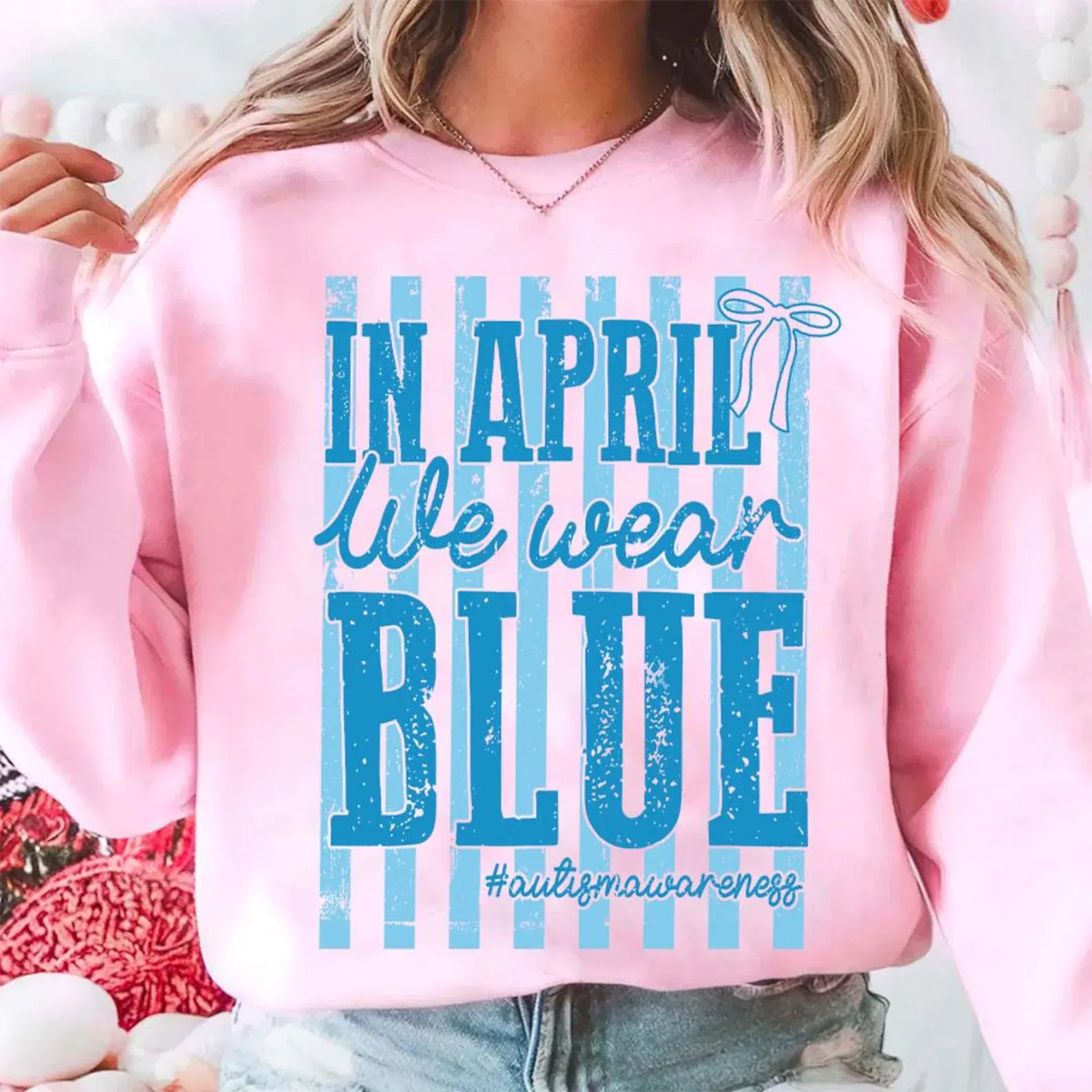 In April We Wear Blue Gildan Crewneck Sweater