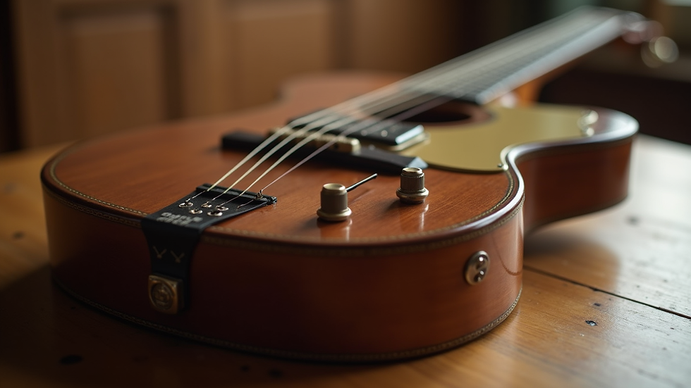 Close-up view of a guitar resting on a wooden surface