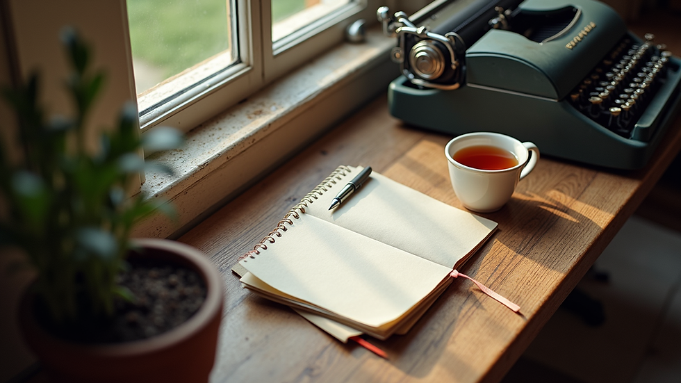 High angle view of a cozy writing nook with a typewriter, notebooks, and a cup of tea