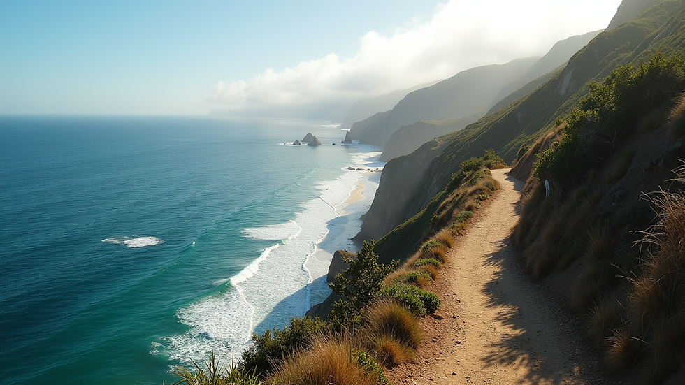 High angle view of a cliffside trail overlooking the Pacific Ocean