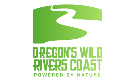 Oregon's Wild Rivers Coast logo in green, river icon on top.