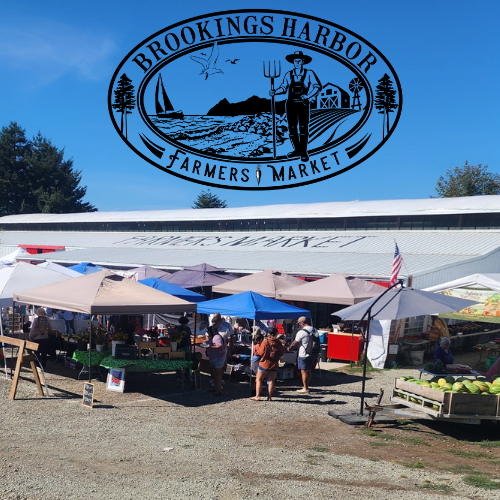 Outside the farmers market vendors are chatting with buyers about their products