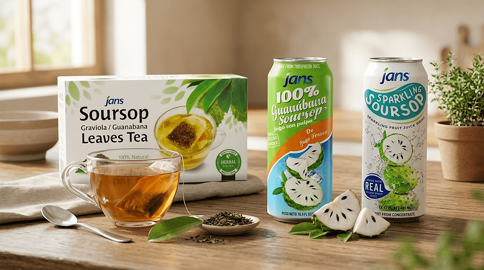 A collection of Jans soursop products, including a box of Soursop Leaves Tea with a brewed cup, a ca