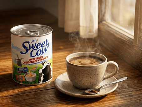 A can of "Sweet Cow" sweetened condensed creamer beside a steaming coffee cup on a wooden table near a sunlit window. Cozy atmosphere.