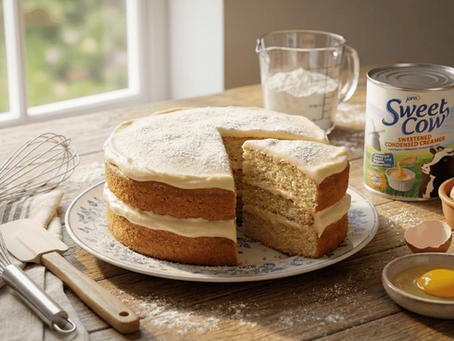 A sliced frosted layer cake on a plate, surrounded by a whisk, a spatula, eggs, a can of Sweet Cow creamer, and baking items on a wooden table.