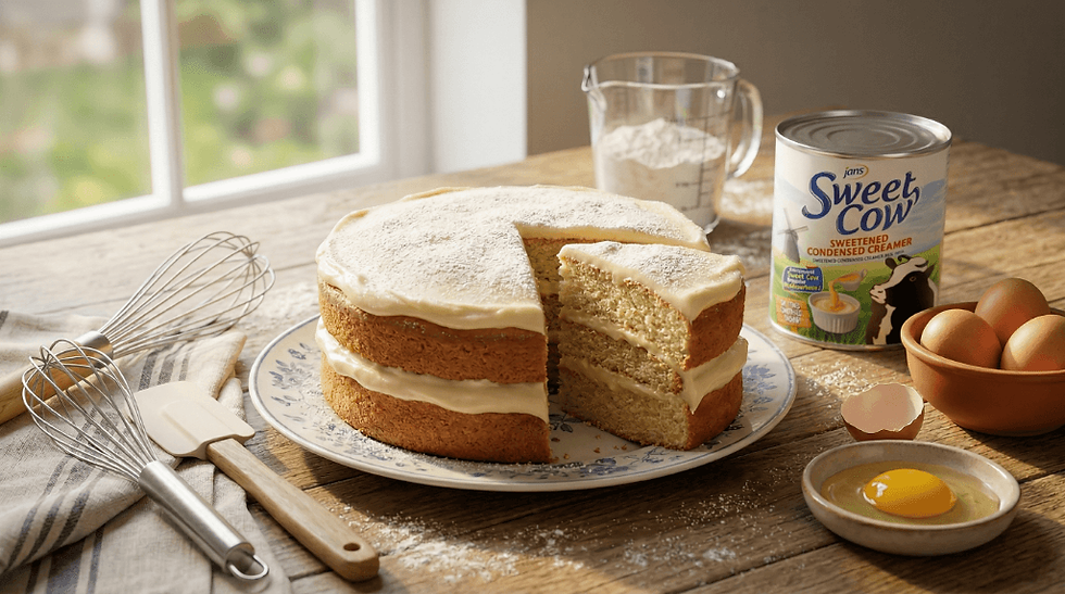 A sliced frosted layer cake on a plate, surrounded by a whisk, a spatula, eggs, a can of Sweet Cow creamer, and baking items on a wooden table.