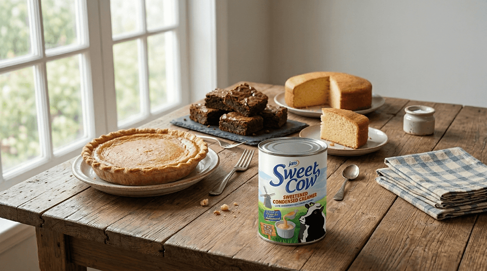 Table with a pie, brownies, cake, and a can of Sweet Cow condensed creamer, near a window. Checkered napkins add a cozy touch.