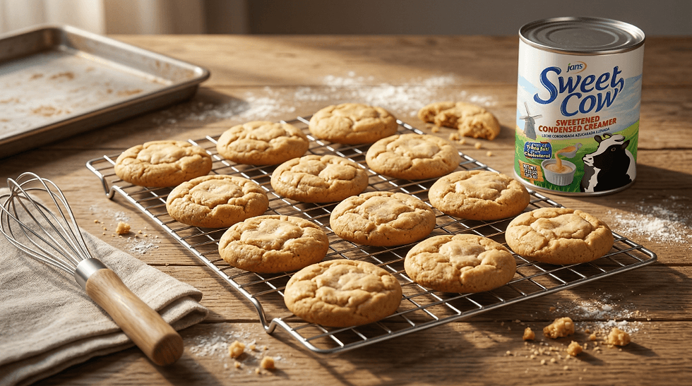 Freshly baked cookies on a cooling rack, a whisk, and a can of Sweet Cow condensed creamer on a wooden table dusted with flour.