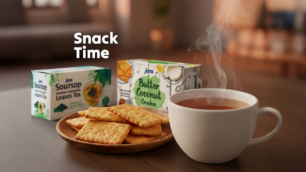 A steaming white cup of tea next to a wooden plate of Jans Butter Coconut Crackers, with boxes of so