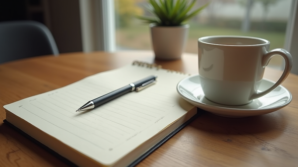 Vue rapprochée d’un carnet de notes avec un stylo et une tasse de thé