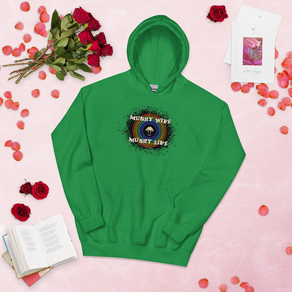 Thumbnail: Irish green hoodie with mushy wife mushy life text front view