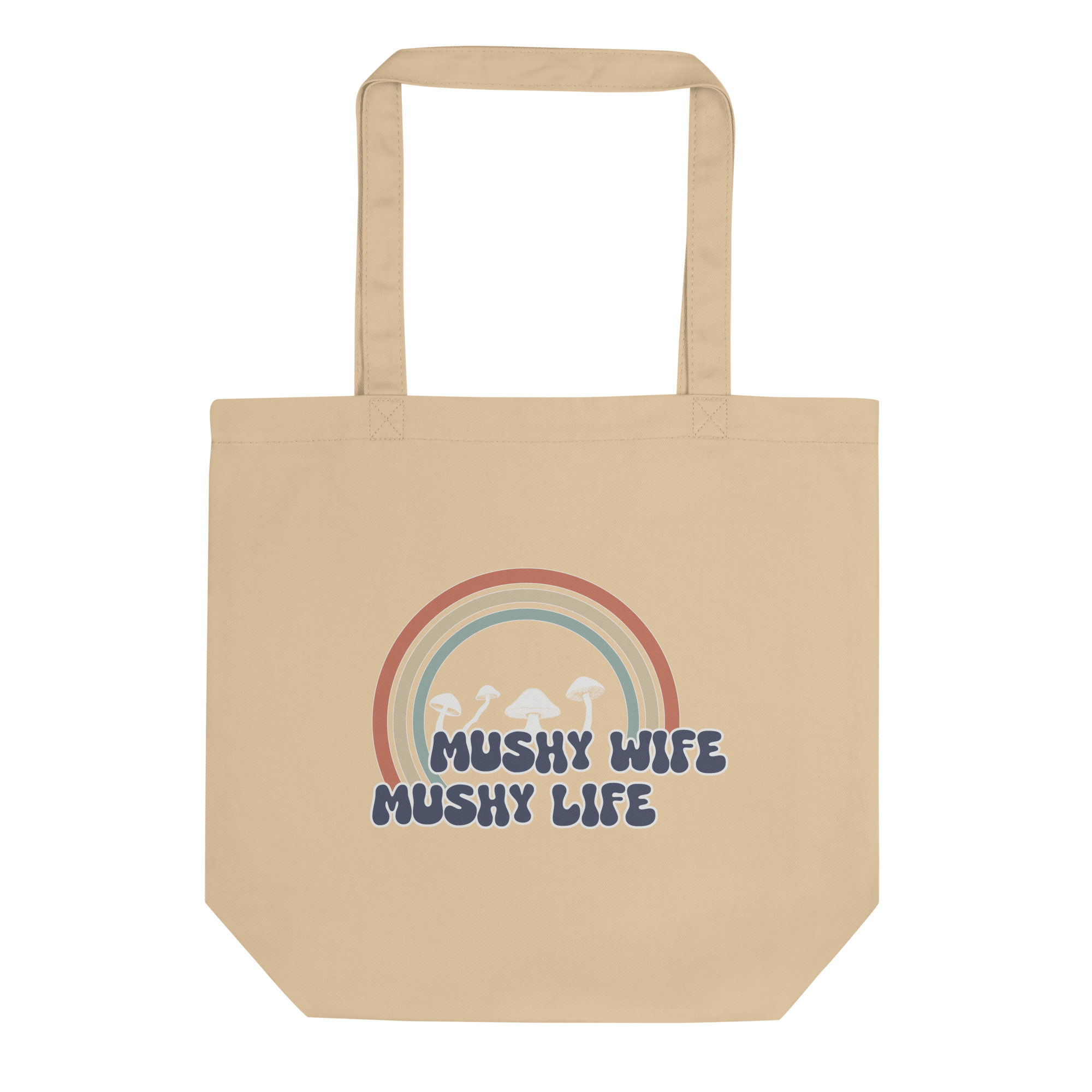 Oyster beige tote bag with mushy wife mushy life text front view