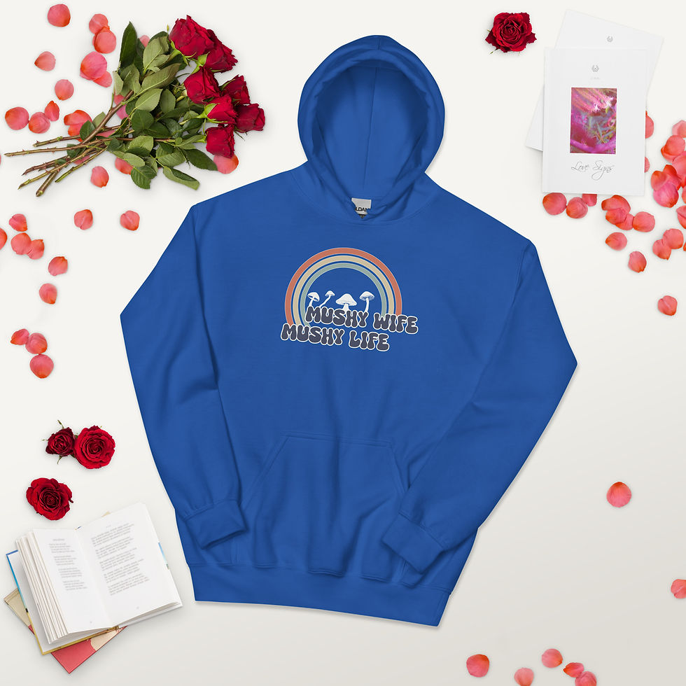 Thumbnail: Royal hoodie with mushy wife mushy life text front view