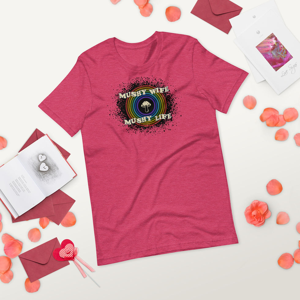 Thumbnail: Heather raspberry shirt with mushy wife mushy life text front view