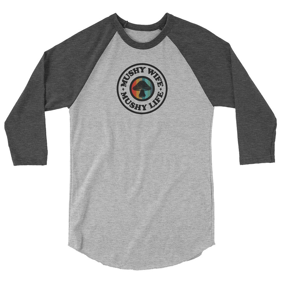 Thumbnail: Heather grey and heather charcoal 3/4 Sleeve Raglan Shirt with Mushy Wife Mushy Life text front view