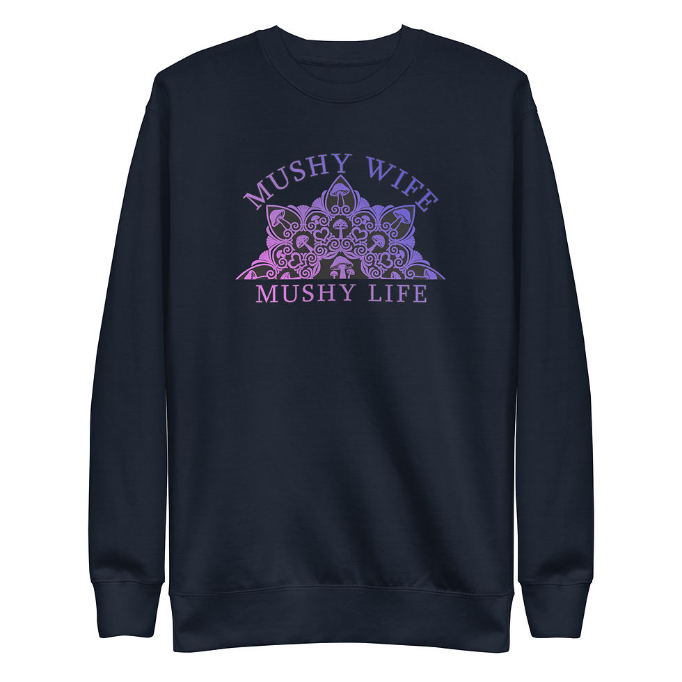 Thumbnail: Navy sweatshirt front view with mushy life mushy wife text