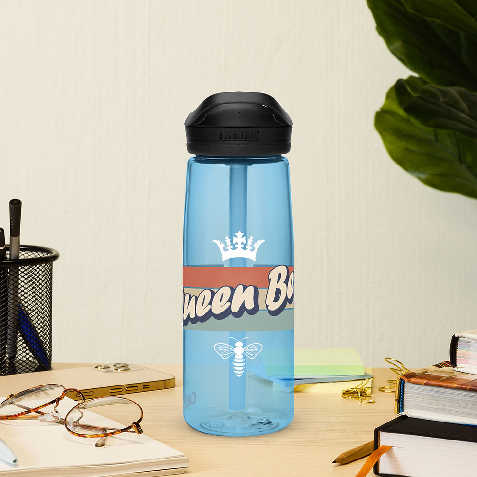 Thumbnail: Clear blue sports bottle with queen bee text front view