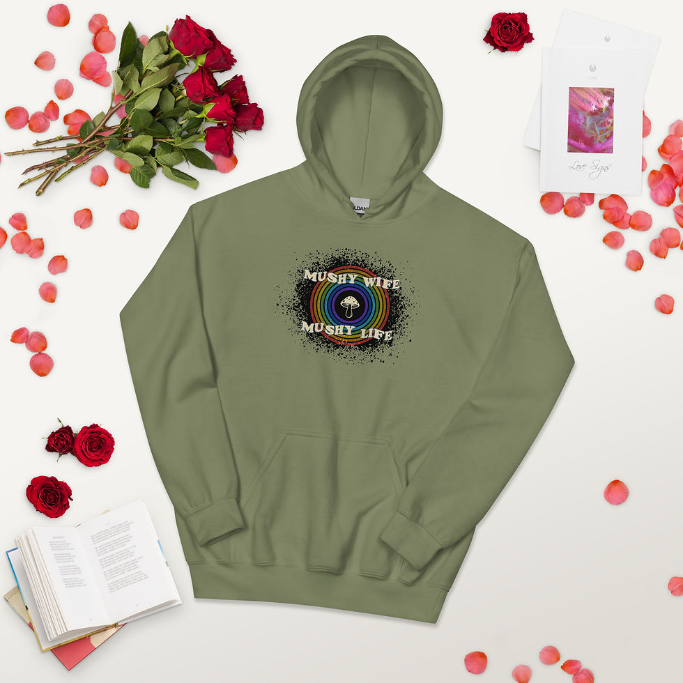 Thumbnail: Military green hoodie with mushy wife mushy life text front view