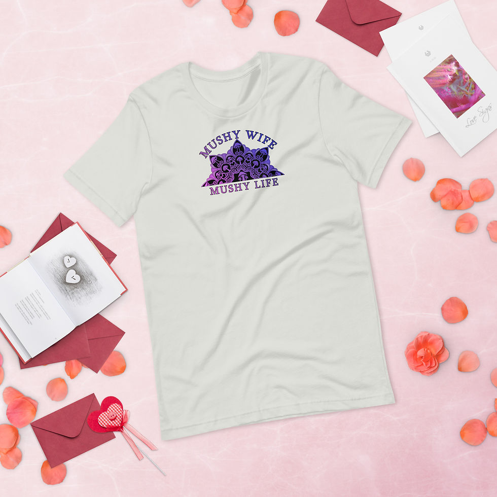 Thumbnail: Silver shirt with mushy wife mushy life text front view