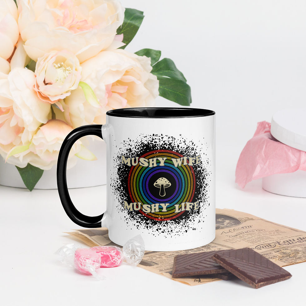 White ceramic mug with color inside with mushy wife mushy life text