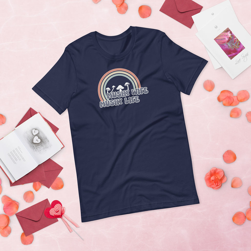 Thumbnail: Navy shirt with mushy wife mushy life text front view