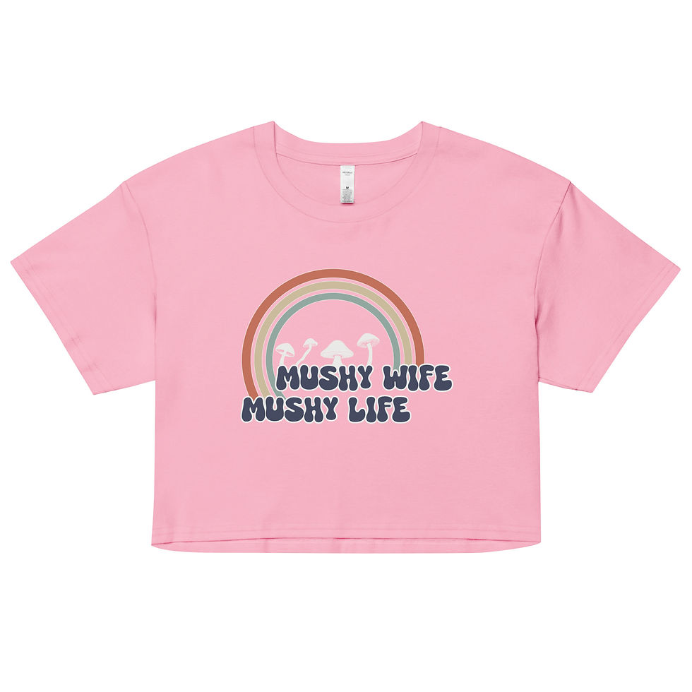 Thumbnail: Bubblegum crop top with mushy wife mushy life text front view