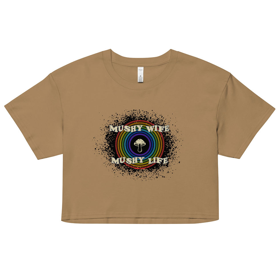 Camel crop top with mushy wife mushy life text front view