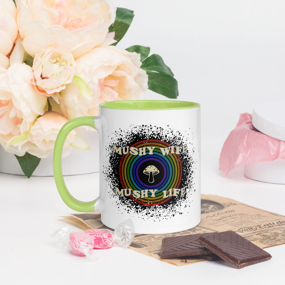 Thumbnail: White ceramic mug with color inside with mushy wife mushy life text