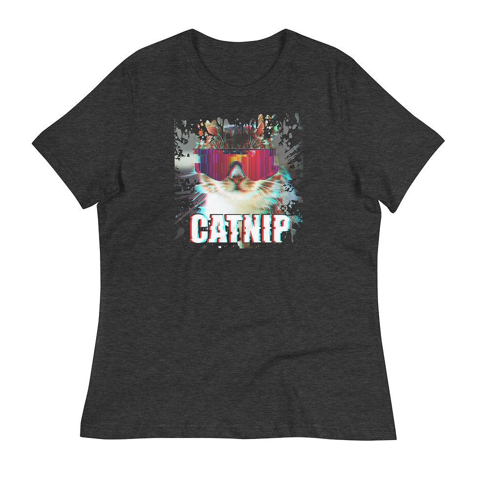 Thumbnail: women's relaxed shirt with catnip text over a glitching cat in sunglasses front view