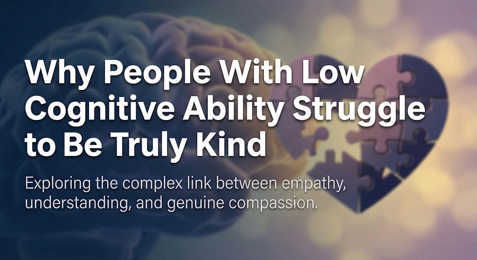 The cover image bears the title “Why Those with Impaired Cognitive Abilities Struggle to Be Truly Kind.” Beneath the main headline lies a subtitle: “Exploring the Complex Interplay Between Empathy, Understanding, and Genuine Compassion.” The background features a heart pattern formed by the outline of a brain and puzzle pieces, overlaid against a soft, hazy background of purple-gold light spots. The overall design employs a dark color palette to emphasize the seriousness of the theme.
