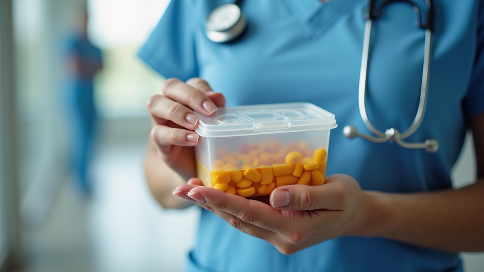 Close-up view of a caregiver’s hand holding a medication organizer