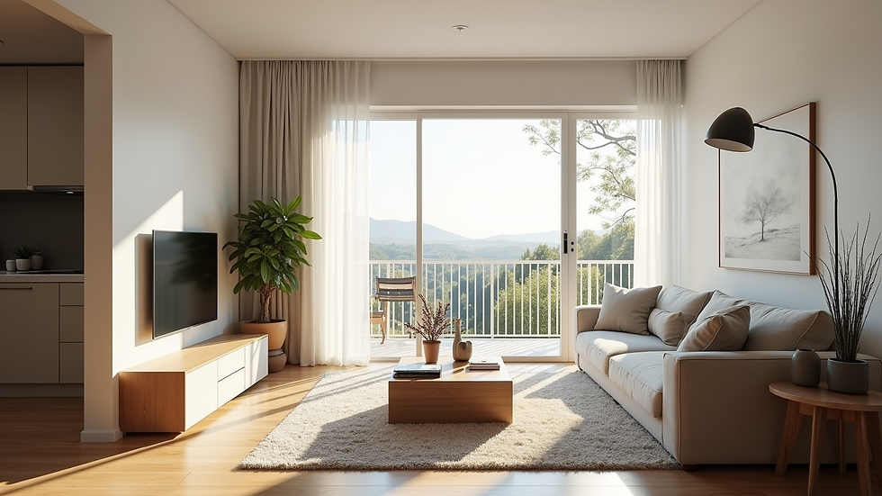 Wide angle view of a modern vacation rental living room with natural light