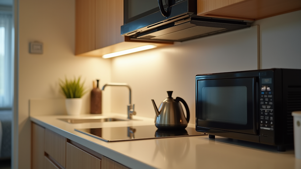Close-up view of a hotel room kitchenette with stove and microwave