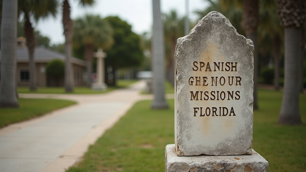 Close-up view of a historical marker signifying Spanish missions in Florida