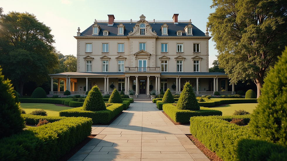 High angle view of a historic hotel exterior with classic architecture and lush landscaping