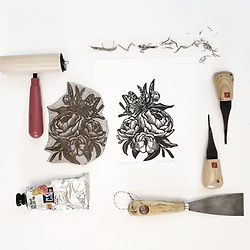 Linocut relief printmaking tools and printing plate