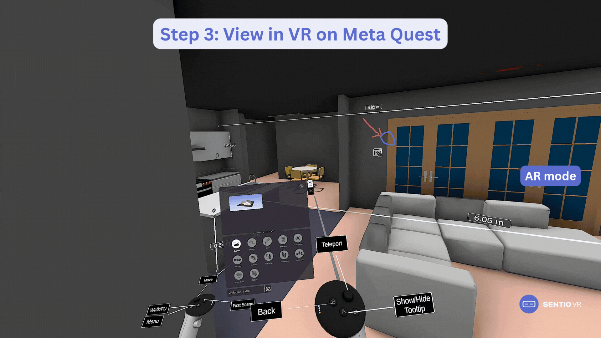 SENTIO VR AR mode on site — 
building model overlaid on real 
space at 1:1 scale using Meta Quest 
passthrough. Shows AR menu controls 
and transparency slider in a 
construction site environment.