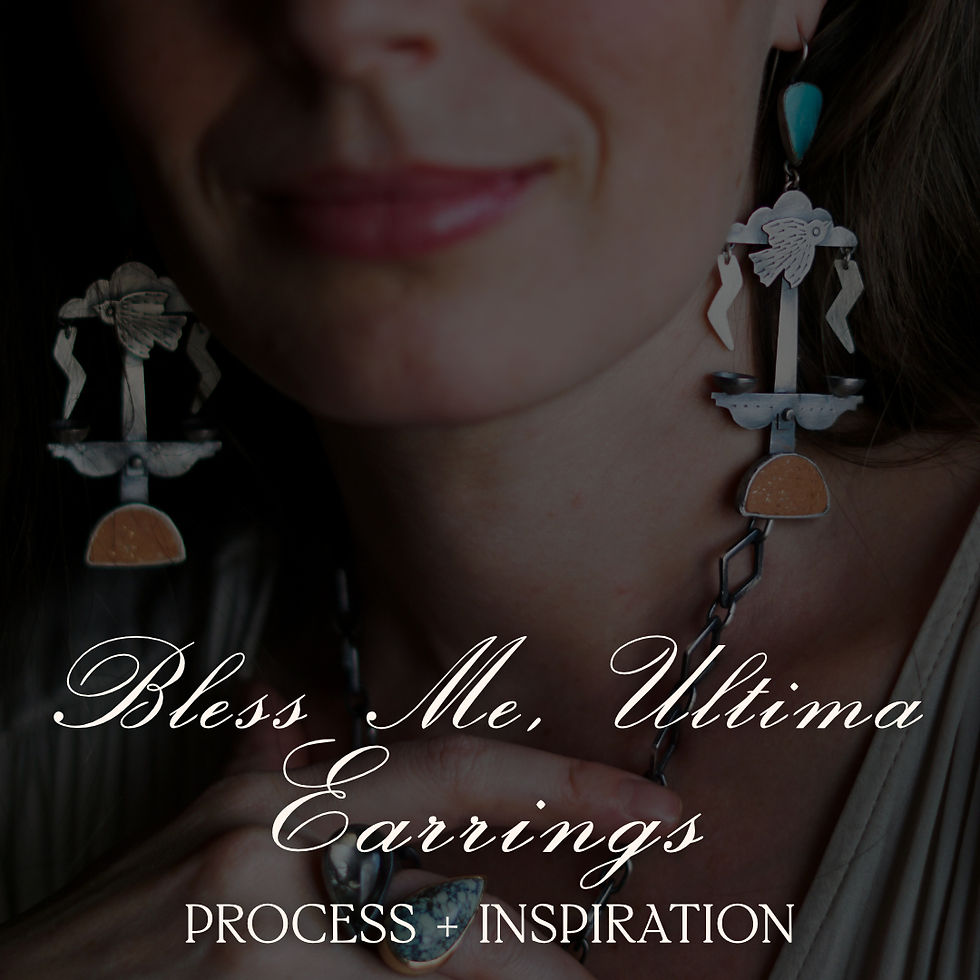 A close-up portrait of a woman wearing long, handcrafted statement earrings with mixed metals, symbolic motifs, and turquoise accents. Overlaid text reads “Bless Me, Ultima Earrings” with the subtitle “Process + Inspiration,” set against a dark, softly lit background.
