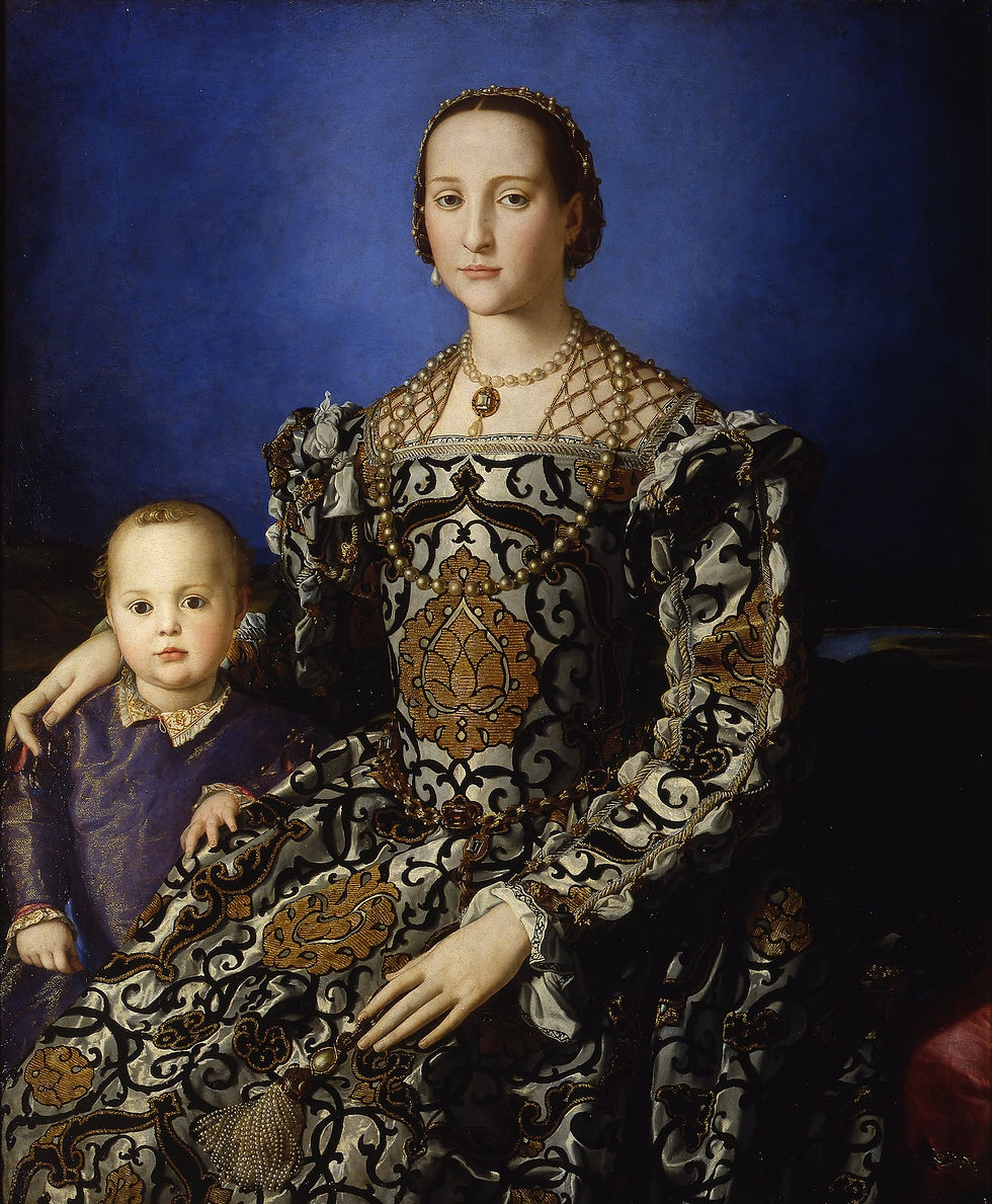 A woman in ornate black and gold attire sits with a child wearing a purple outfit. Both have calm expressions against a dark blue backdrop. Eleanora di Toledo with Son by Agnolo Bronzino.