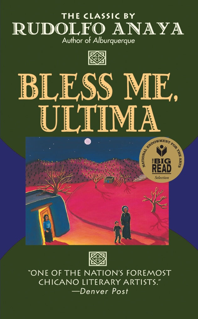 Cover of "Bless Me, Ultima" by Rudolfo Anaya. Features art of two figures in a desert landscape. Notable colors: red, blue, green.