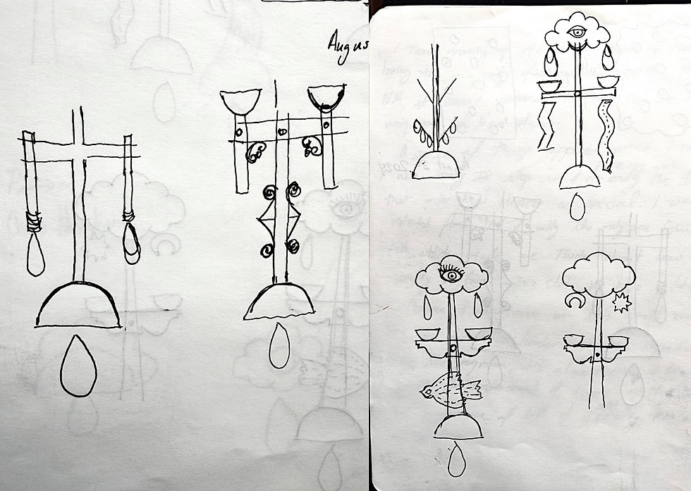 Sketches of abstract balancing scales with shapes like clouds, eyes, and tears on a white paper background.