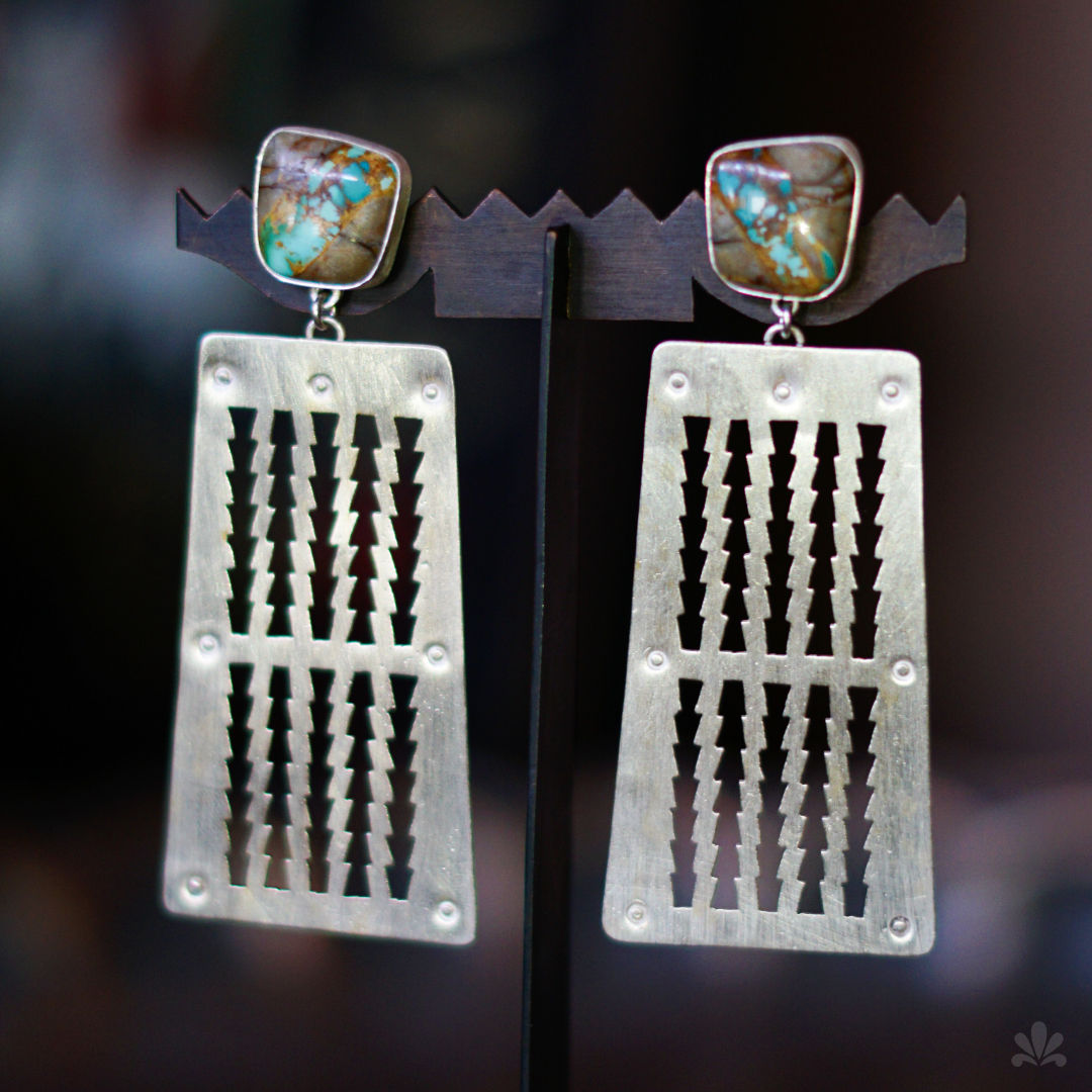 silver Madera post earrings with turquoise and sawn details inspired by Hispanic New Mexican furniture