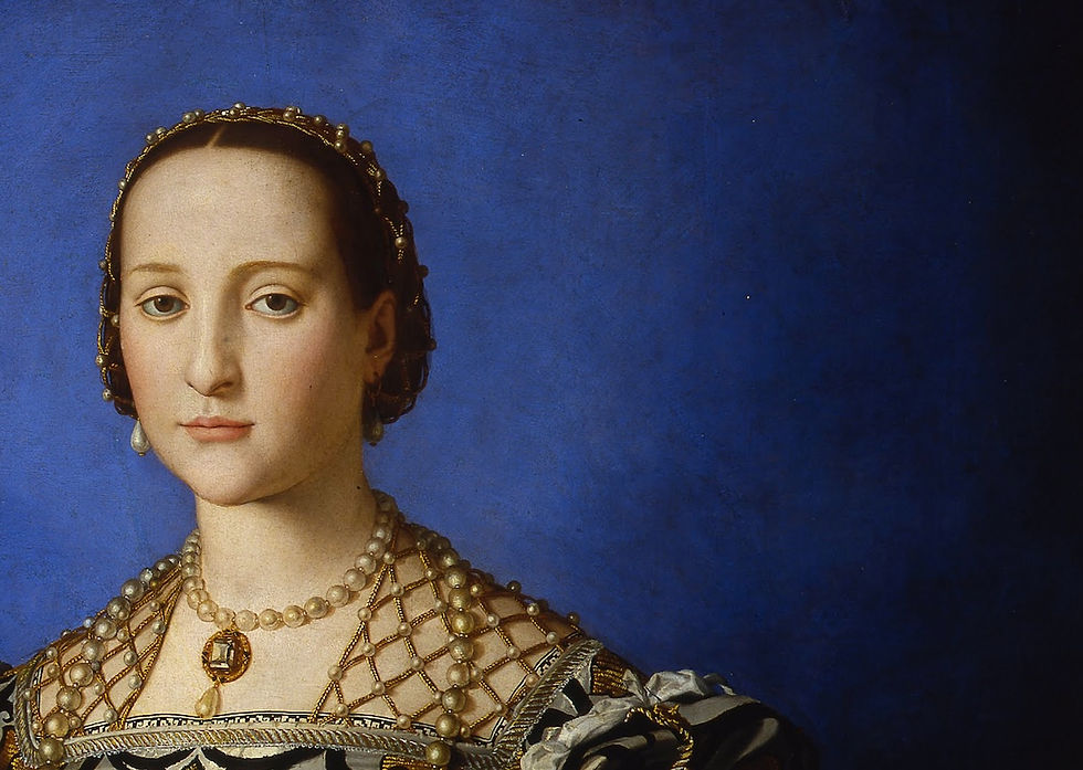 A woman in Renaissance attire with pearls gazes calmly against a deep blue background. Her dress features intricate patterns and gold details.