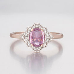 14CT Rose Gold Pink Ceylon Sapphire and Diamond Vintage Style Ring