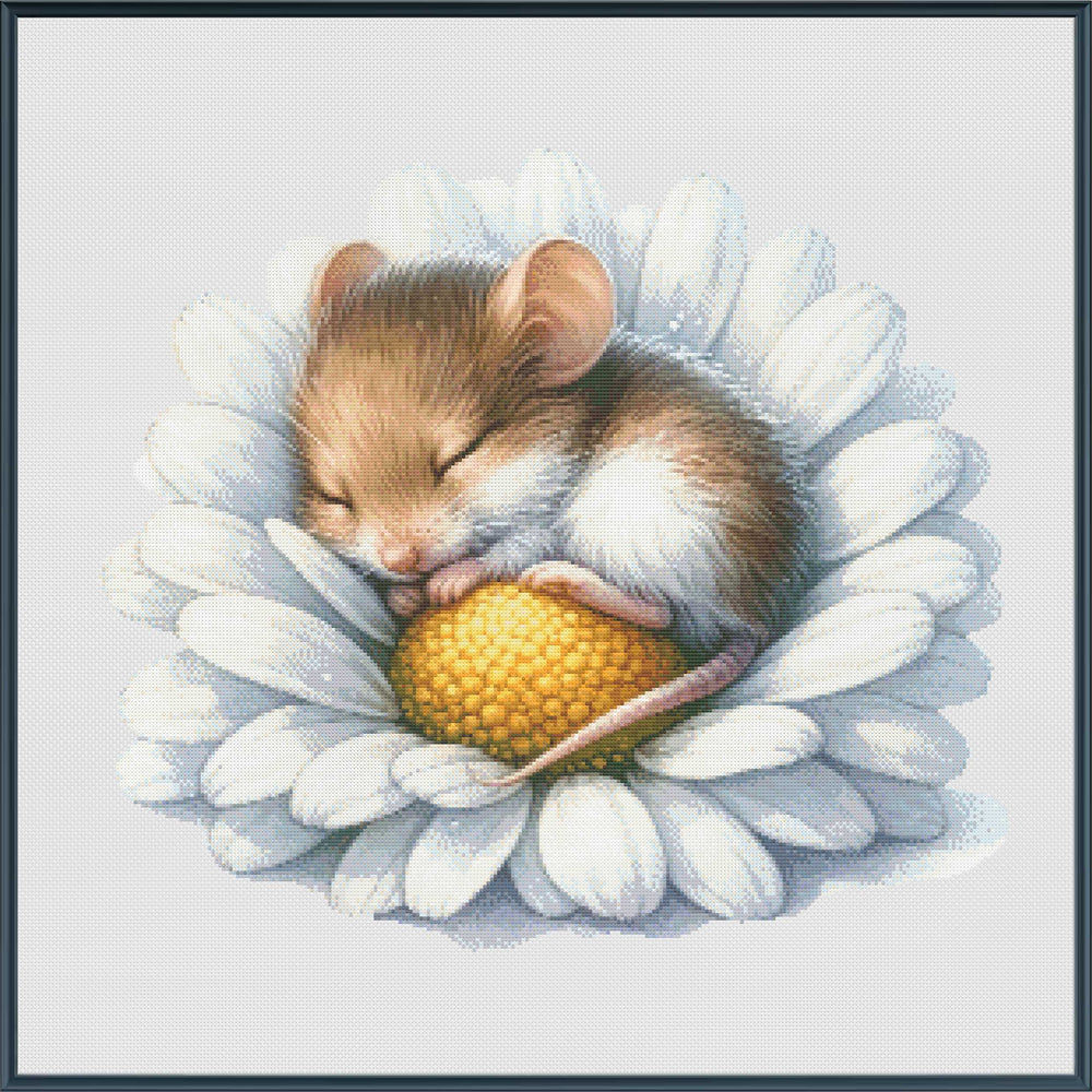 Sleeping Mouse In Daisy Counted Cross Stitch Kit - Cute Flower Animal